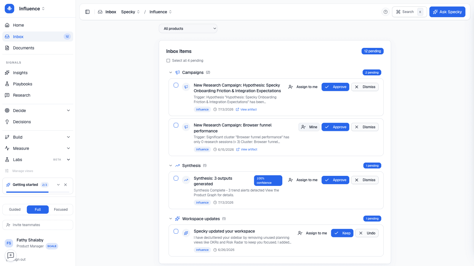 The Specky inbox: campaigns, synthesis, and workspace updates Specky drafted, each with Approve and Dismiss next to it.