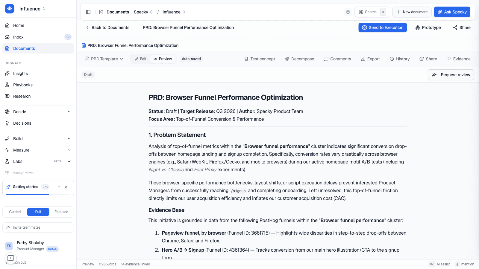 A PRD open in Specky, with a Problem Statement and an Evidence Base section citing named PostHog funnels; the footer reads 1128 words, 14 evidence linked.